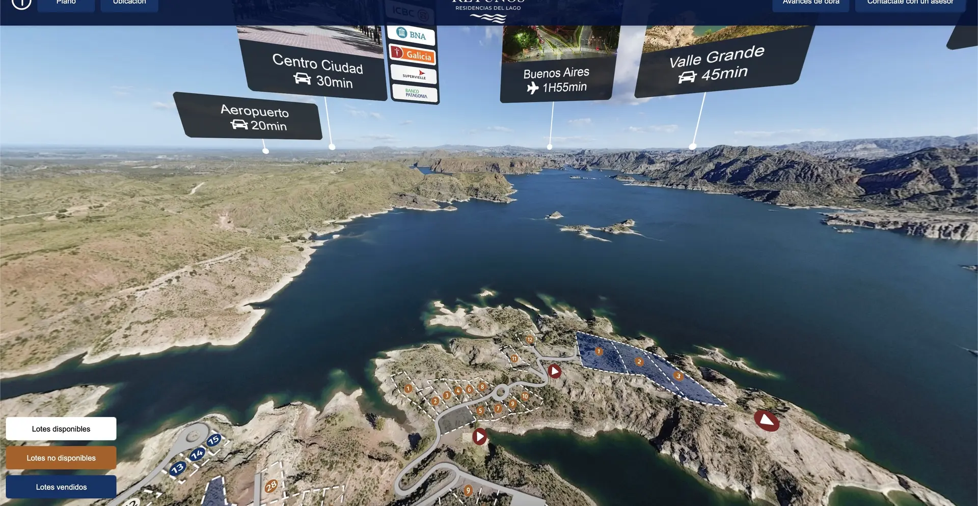 Tour interactivo 360° del masterplan de Puerto Reyunos con lotes, distancias y puntos de interés